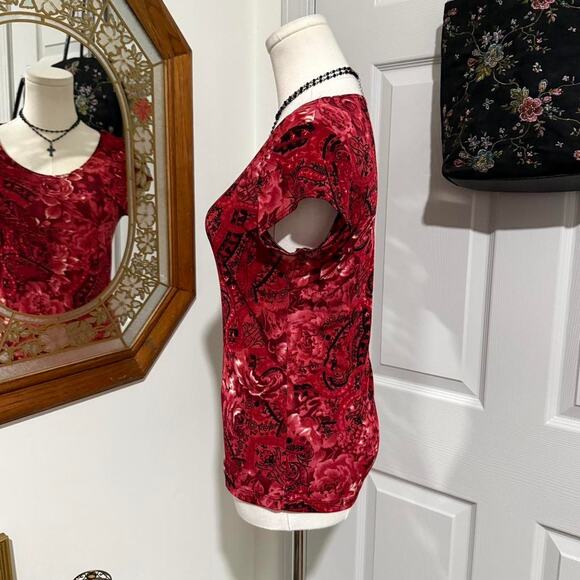 VTG Y2K Susan Lawrence Red & Black Floral Paisley Romantic Slinky Vampy Top S - Picture 4 of 8